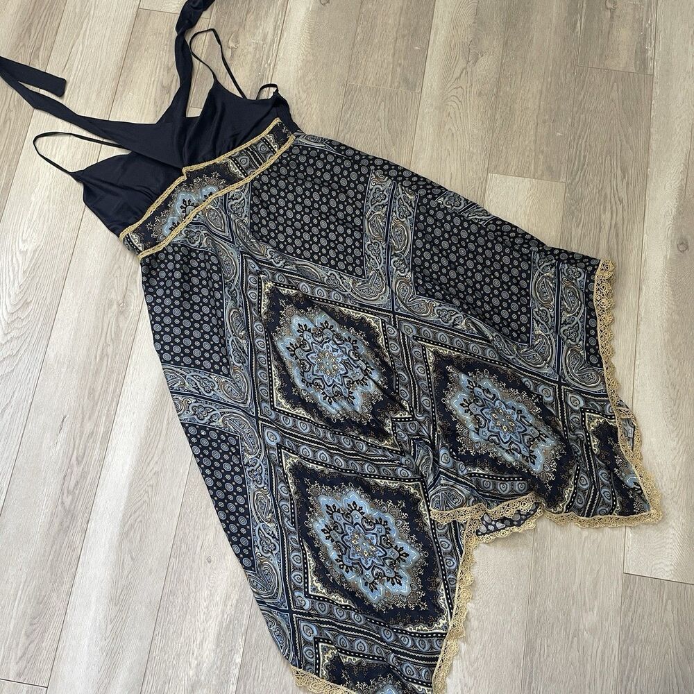 Hale Bob Dress printed silk crochet trim midi womens Blue medium boho fairy y2k